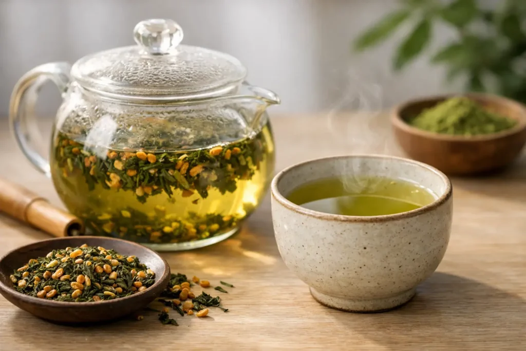 Genmaicha-teen haudutus oikeassa lämpötilässä