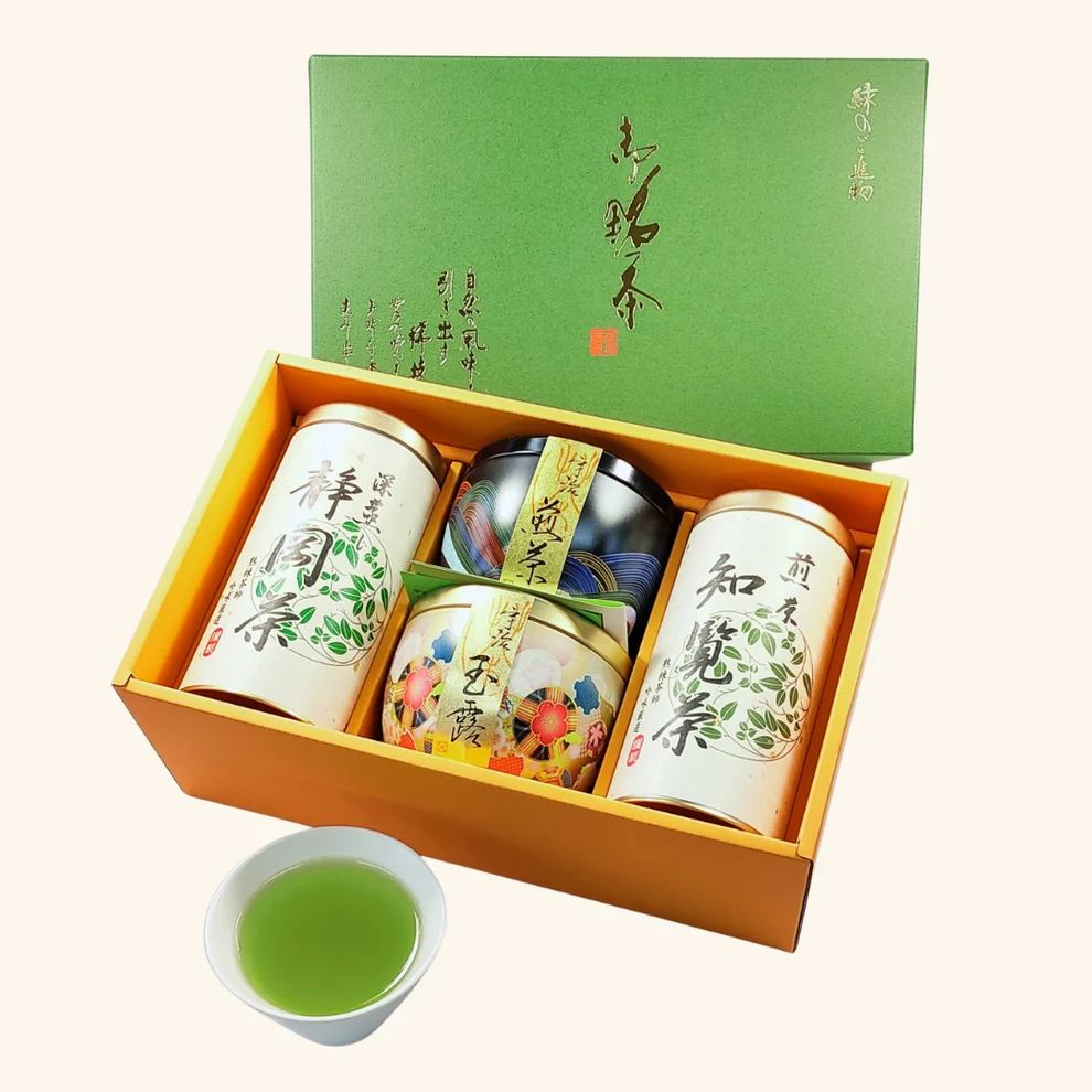 204 Lahjapakkaus, joka sisältää Uji Gyokuroa, Uji Senchaa, syvähöyrytettyä Shizuoka-teetä ja Chiran Senchaa - Image 1